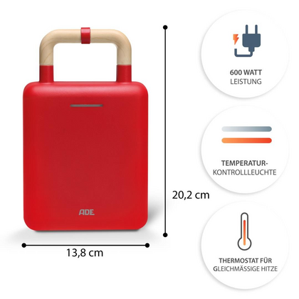 Ade wafel en tosti ijzer 2 in 1 rood - afb. 3